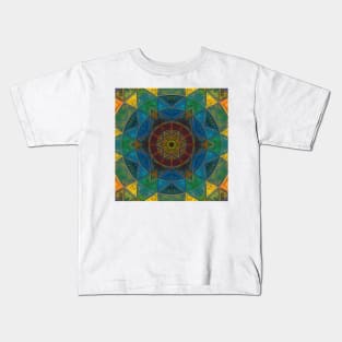 Mosaic Kaleidoscope Flower Blue Yellow and Green Kids T-Shirt